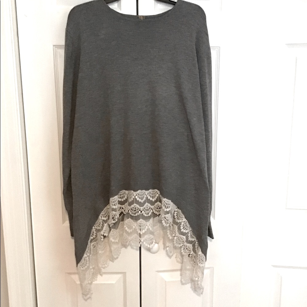 Grey Tunic Sweater with Lace Trim